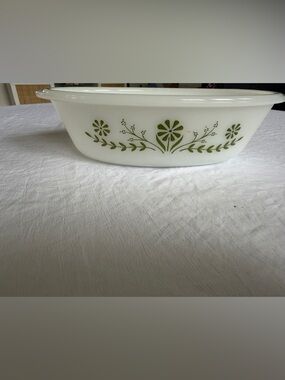 GlassBake White Glass Casserole Dish with Green Floral Pattern